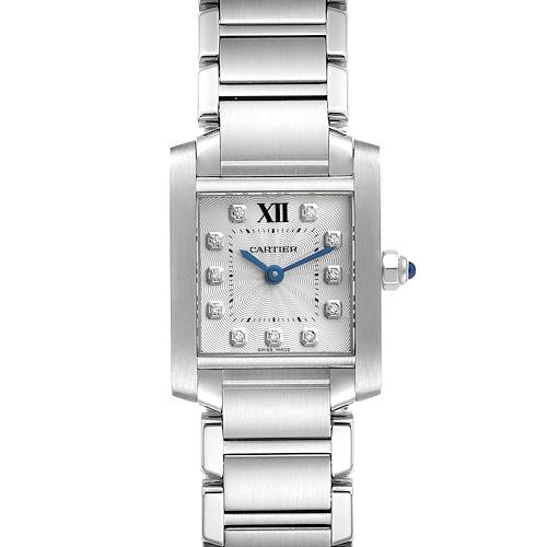 The image shows a Cartier Tank Francaise WE110006 Women's Stainless Steel Silver Dial WE110006 Women's Stainless Steel Silver Dial watch from a front angle, highlighting the rectangular case, band, and dial with Roman numeral XII.