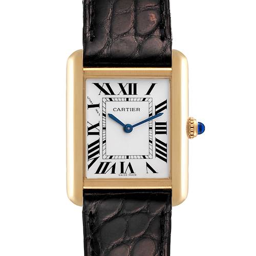 This image shows a front view of the Cartier Tank Solo W5200002 Women's Yellow Gold Silver Dial W5200002 Women's Yellow Gold Silver Dial watch with its face, Roman numerals, and leather strap visible.