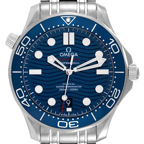 The image shows a front view of an Omega Seamaster 210.30.42.20.03.001 Men's Stainless Steel Blue Dial 210.30.42.20.03.001 Men's Stainless Steel Blue Dial watch, highlighting the blue dial, bezel, and bracelet.