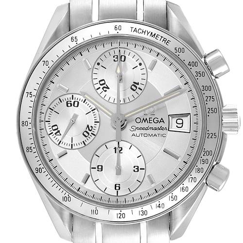 The image shows a front view of an Omega Speedmaster 3513.30.00 Men's Stainless Steel Silver Dial 3513.30.00 Men's Stainless Steel Silver Dial watch, highlighting its dial, subdials, tachymeter, and side buttons.