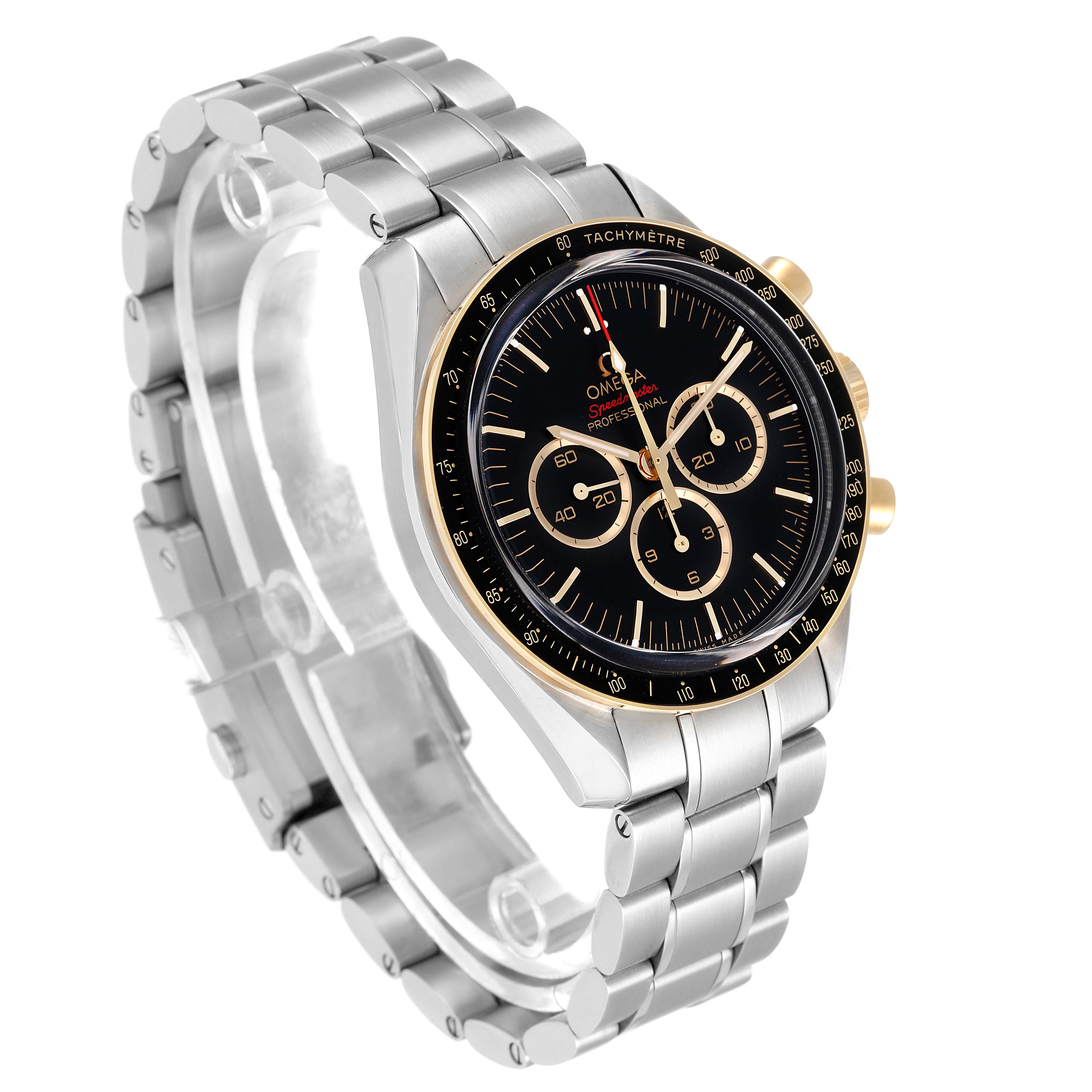 The image shows a three-quarter angle view of an Omega Speedmaster 522.20.42.30.01.001 Men's Steel and Gold (two tone) Black Dial 522.20.42.30.01.001 Men's Steel and Gold (two tone) Black Dial watch, highlighting its bracelet, case, and dial.