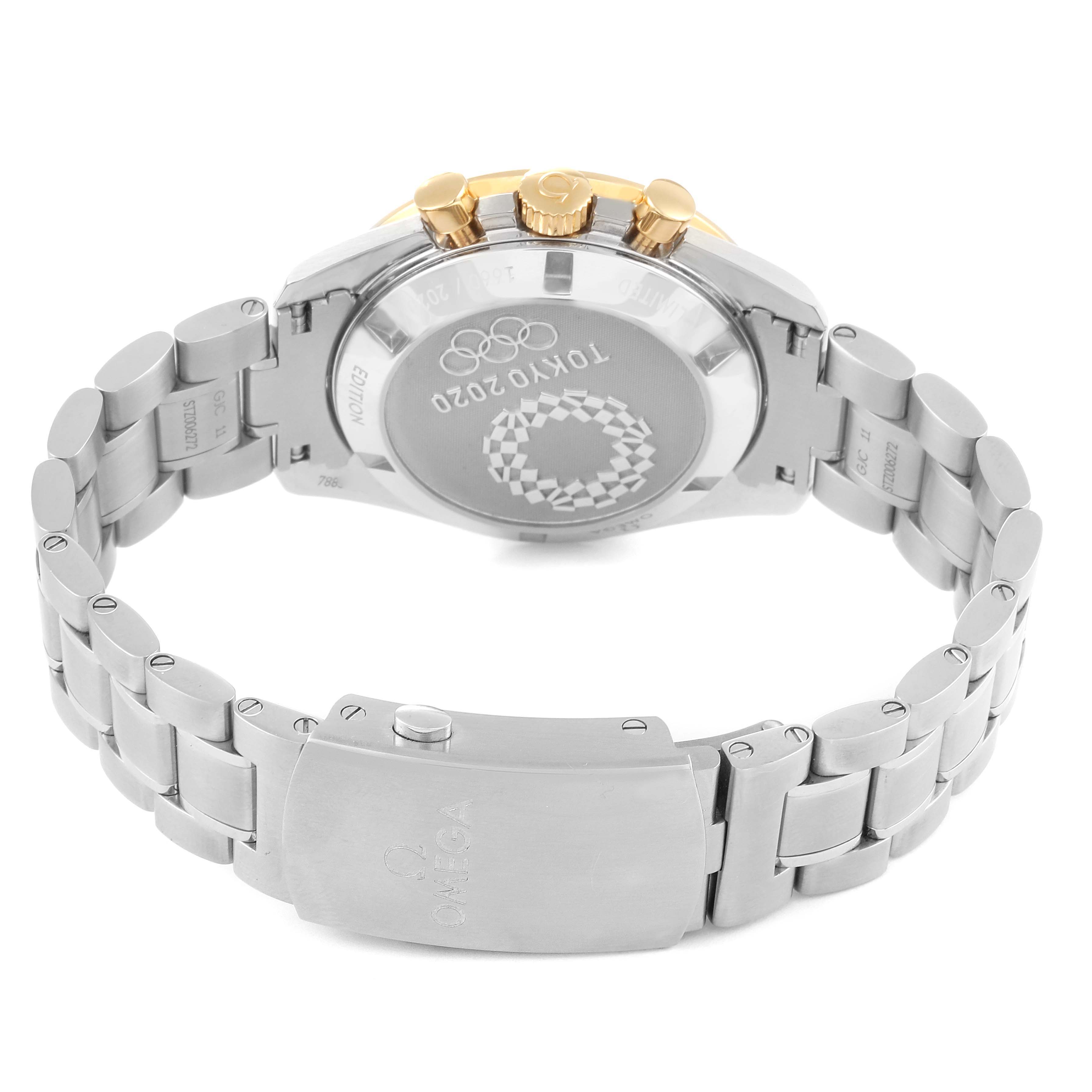 The image shows the back view of an Omega Speedmaster 522.20.42.30.01.001 Men's Steel and Gold (two tone) Black Dial 522.20.42.30.01.001 Men's Steel and Gold (two tone) Black Dial watch, highlighting the case back, bracelet, and clasp.