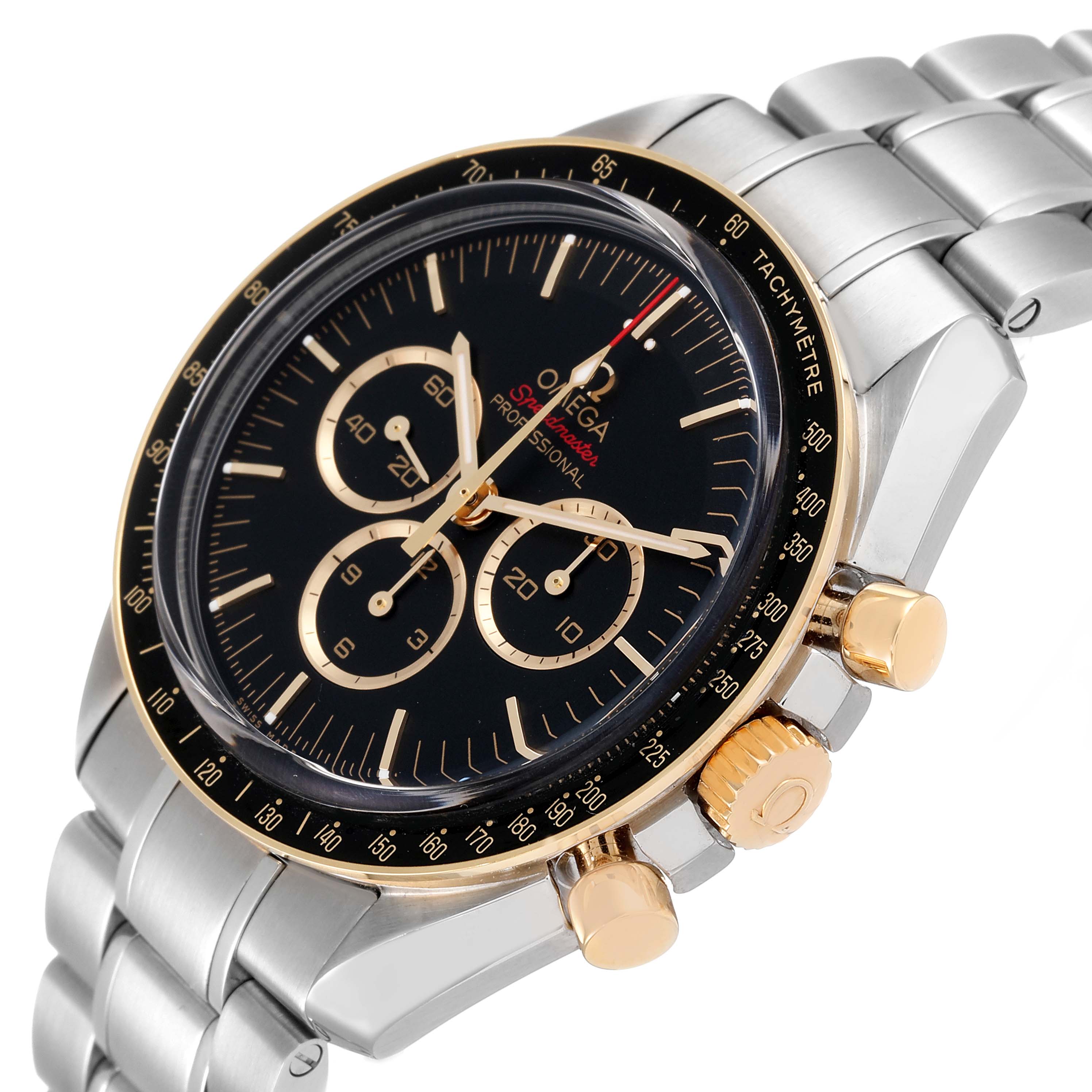 The Omega Speedmaster 522.20.42.30.01.001 Men's Steel and Gold (two tone) Black Dial 522.20.42.30.01.001 Men's Steel and Gold (two tone) Black Dial watch is shown at an oblique angle, highlighting the face, bezel, crown, and pushers.