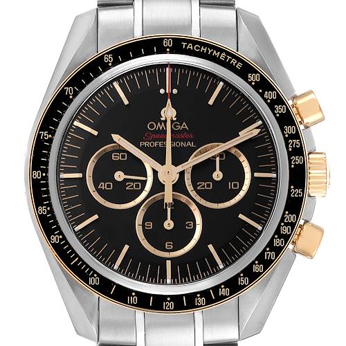 The image shows a head-on view of the Omega Speedmaster 522.20.42.30.01.001 Men's Steel and Gold (two tone) Black Dial 522.20.42.30.01.001 Men's Steel and Gold (two tone) Black Dial Professional watch, highlighting its black dial, chronograph sub-dials, and tachymeter bezel.