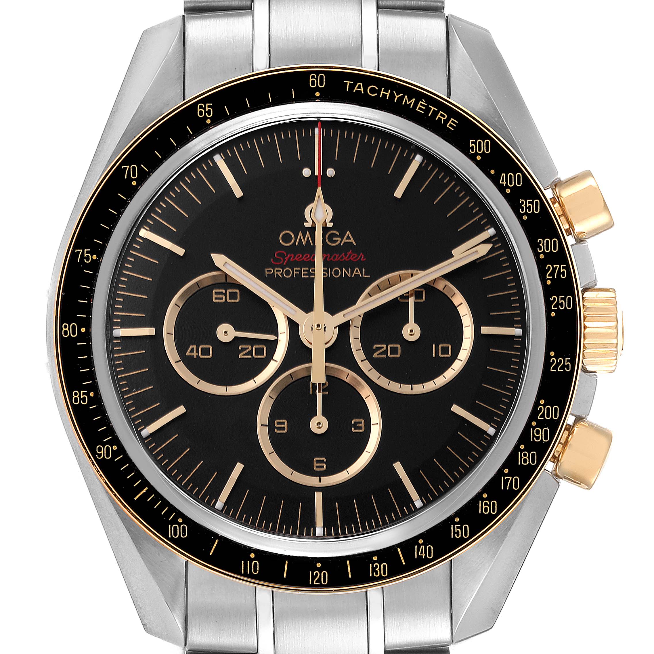 This image shows a front view of the Omega Speedmaster 522.20.42.30.01.001 Men's Steel and Gold (two tone) Black Dial 522.20.42.30.01.001 Men's Steel and Gold (two tone) Black Dial Professional watch, highlighting its dial, bezel, and chronograph subdials.