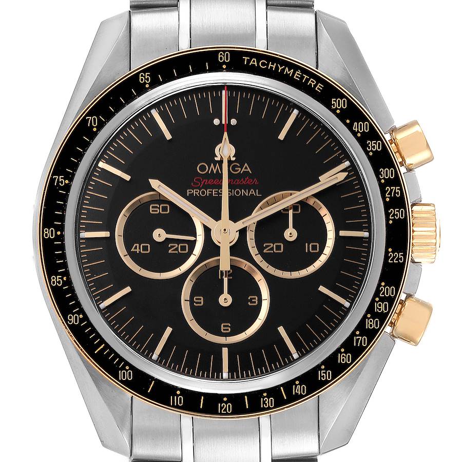 This image shows a front view of the Omega Speedmaster 522.20.42.30.01.001 Men's Steel and Gold (two tone) Black Dial 522.20.42.30.01.001 Men's Steel and Gold (two tone) Black Dial Professional watch, highlighting its dial, bezel, and chronograph subdials.