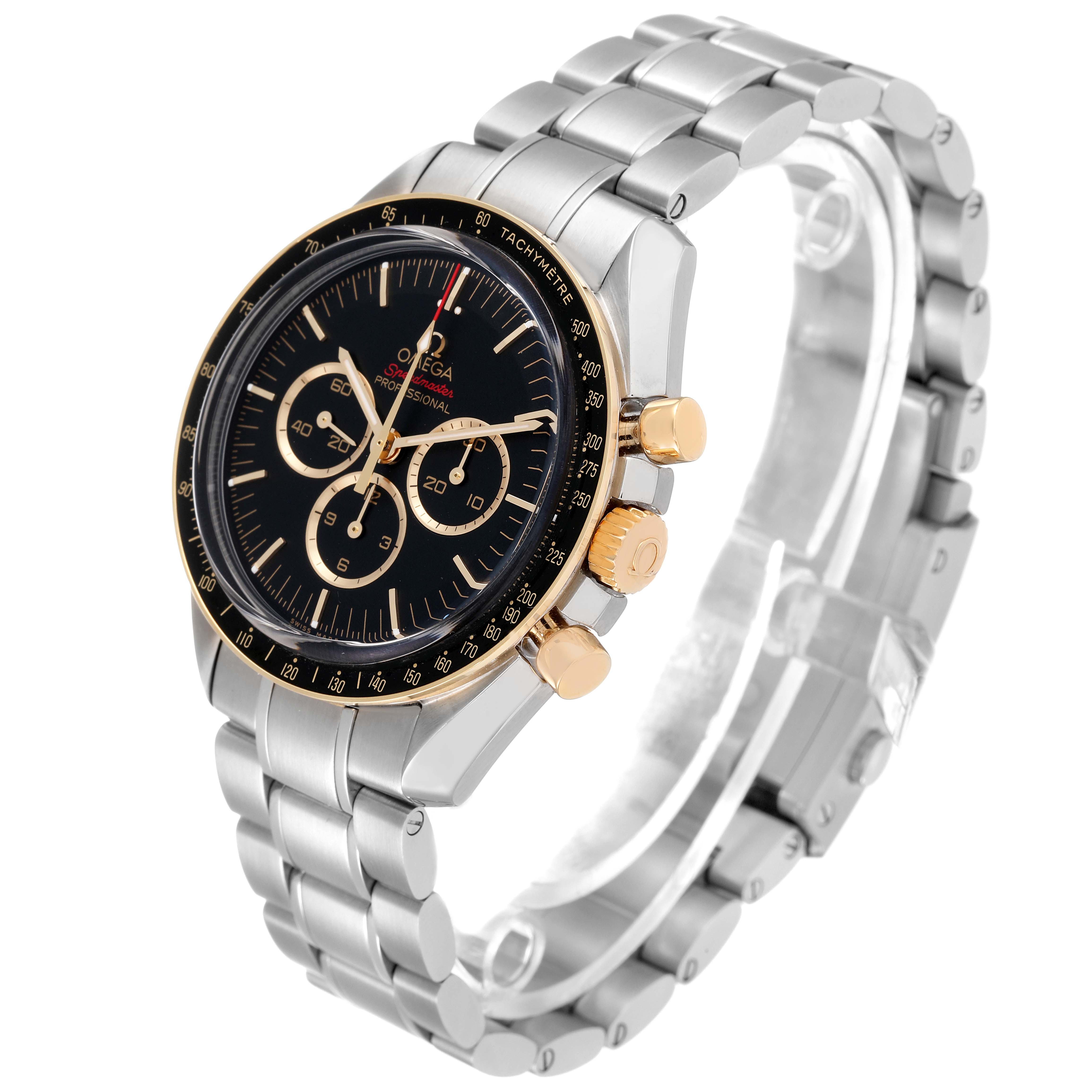 This image shows an Omega Speedmaster 522.20.42.30.01.001 Men's Steel and Gold (two tone) Black Dial 522.20.42.30.01.001 Men's Steel and Gold (two tone) Black Dial watch at a slight angle, displaying the face, bezel, crown, and metal bracelet.