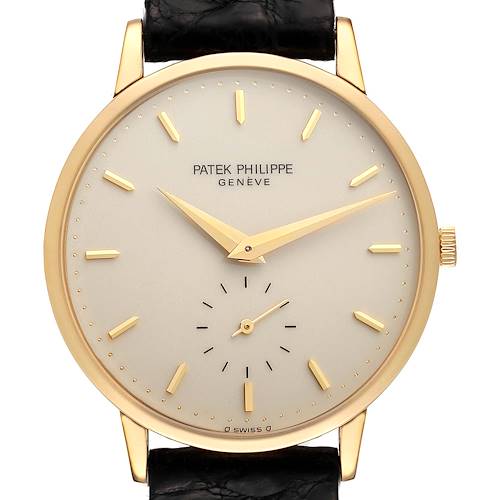 This image shows a frontal view of the Patek Philippe Calatrava 3893J Men's Yellow Gold White Dial 3893J Men's Yellow Gold White Dial watch, displaying its dial, hands, and case.