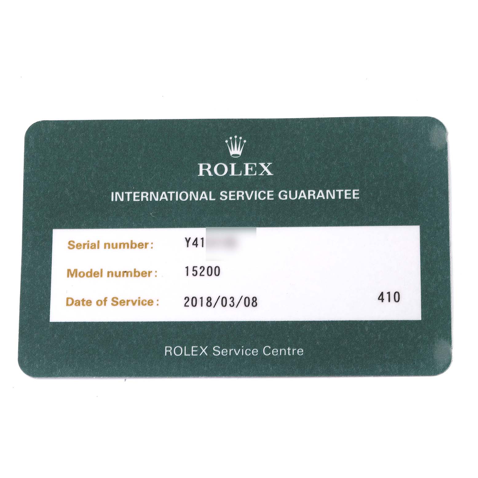 The image shows an international service guarantee card for a Rolex Date 15200 Men's Stainless Steel Black Dial 15200 Men's Stainless Steel Black Dial model 15200.