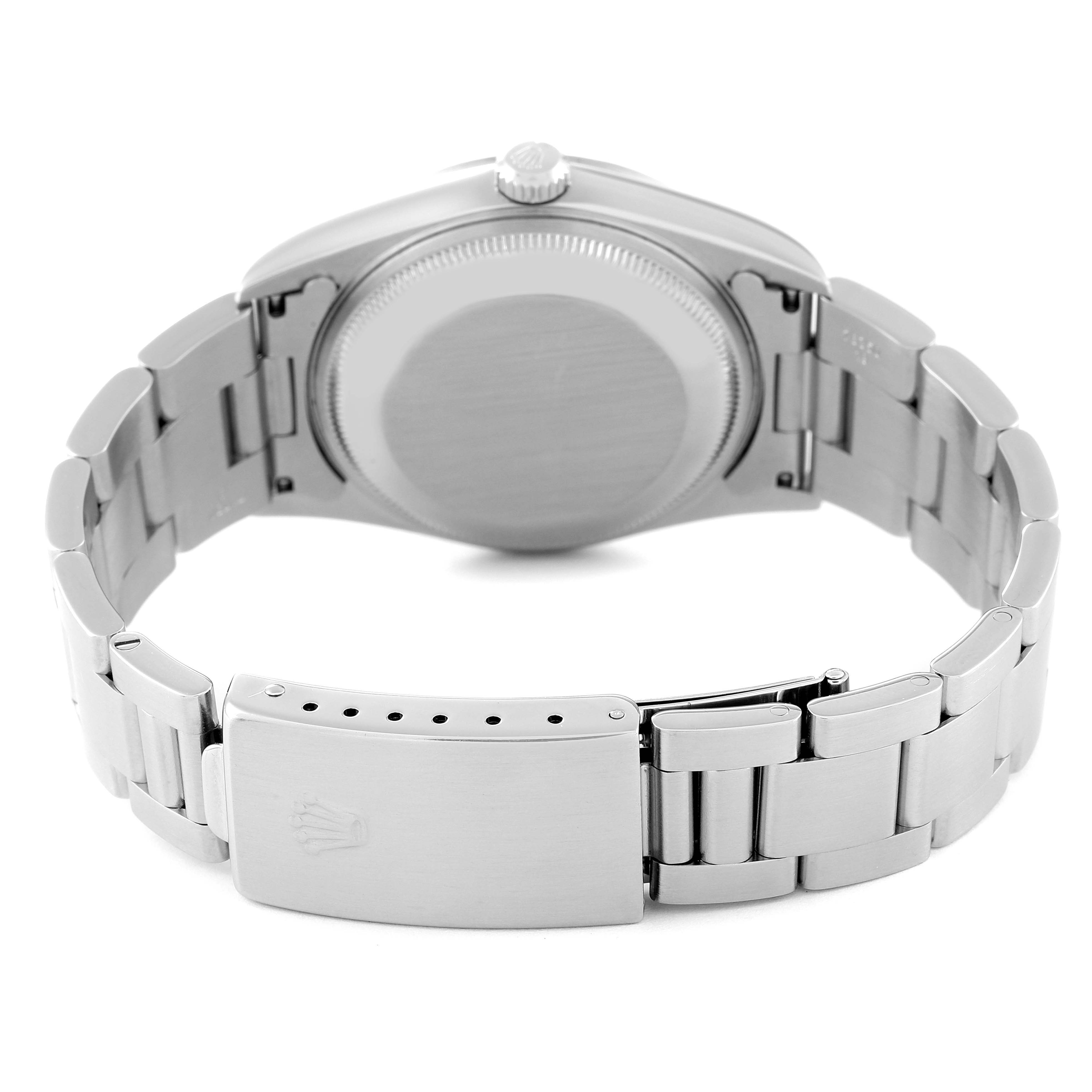 The image shows the backside and clasp of a Rolex Date 15200 Men's Stainless Steel Black Dial 15200 Men's Stainless Steel Black Dial model watch, highlighting its bracelet and case back.