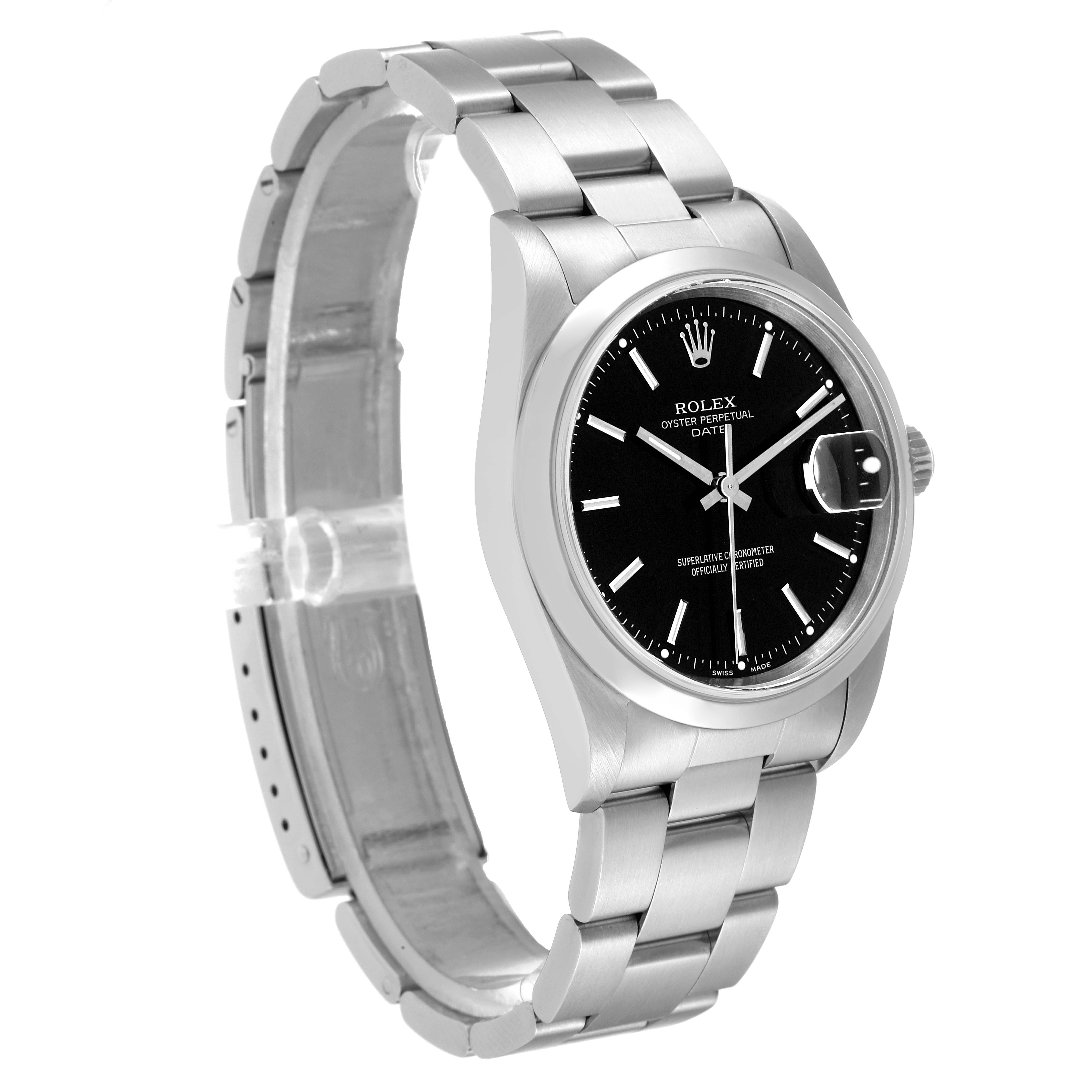 The Rolex Date 15200 Men's Stainless Steel Black Dial 15200 Men's Stainless Steel Black Dial wristwatch is shown at an angled side view, displaying its black dial, stainless steel bracelet, and Oyster case.