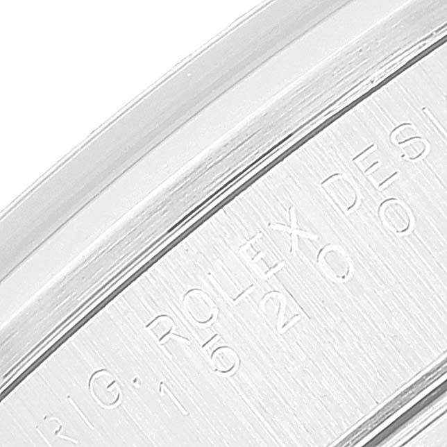 The image shows a close-up of the side engraving on the Rolex Date 15200 Men's Stainless Steel Black Dial 15200 Men's Stainless Steel Black Dial model, highlighting the "ROLEX DESIGN" text.