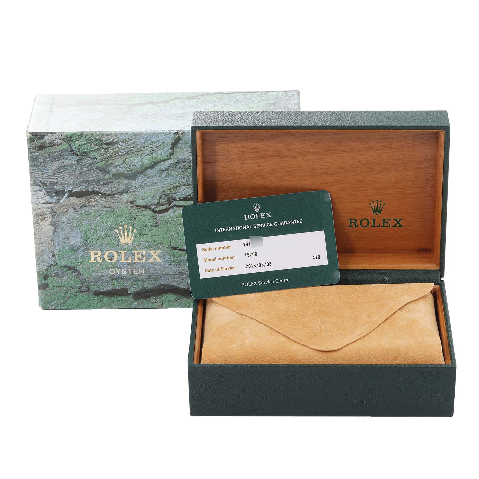 The image shows the packaging for a Rolex Date 15200 Men's Stainless Steel Black Dial 15200 Men's Stainless Steel Black Dial model, including the box, pouch, and an international service guarantee card.