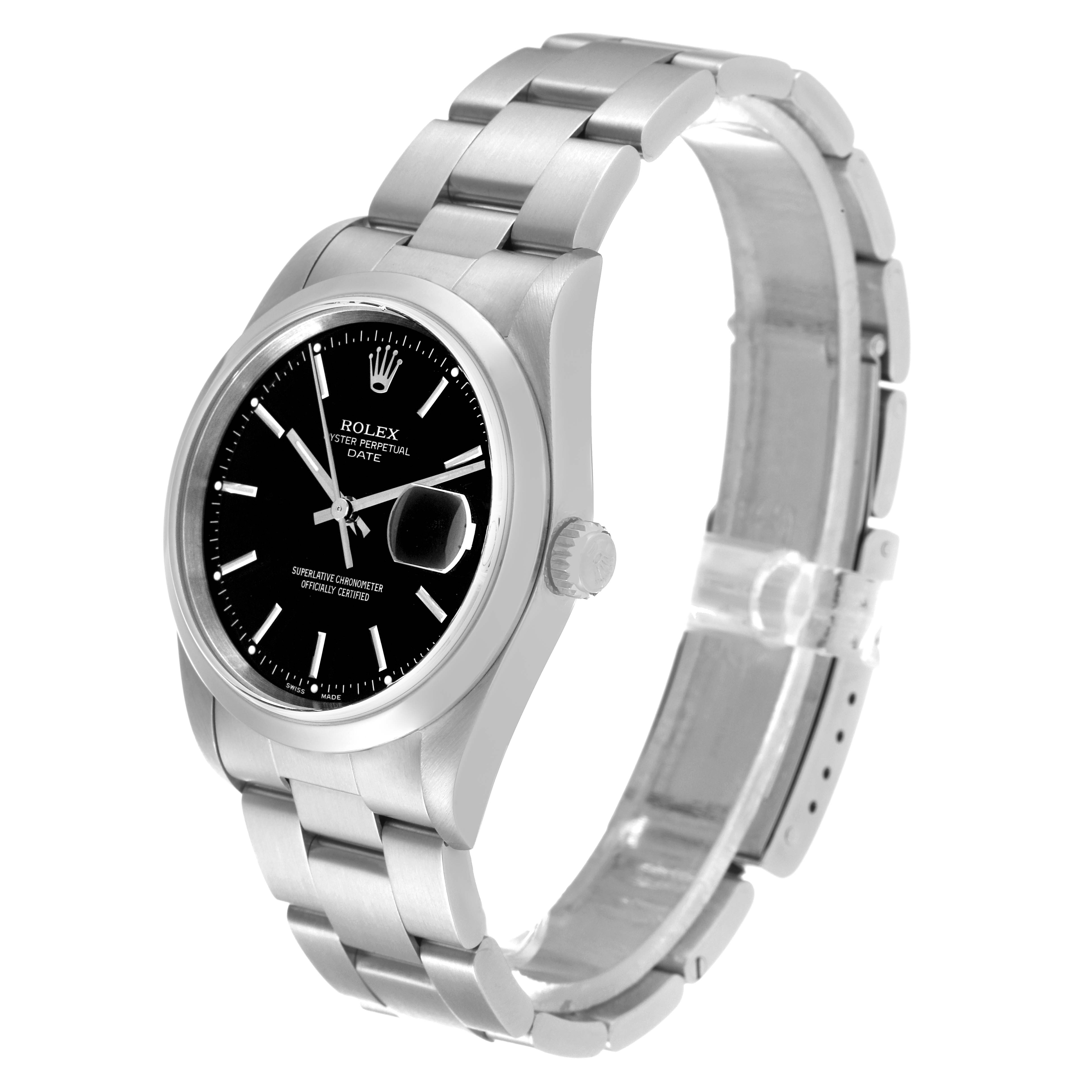 The image shows a Rolex Date 15200 Men's Stainless Steel Black Dial 15200 Men's Stainless Steel Black Dial model watch angled slightly to the right, showcasing the face, bracelet, and crown.