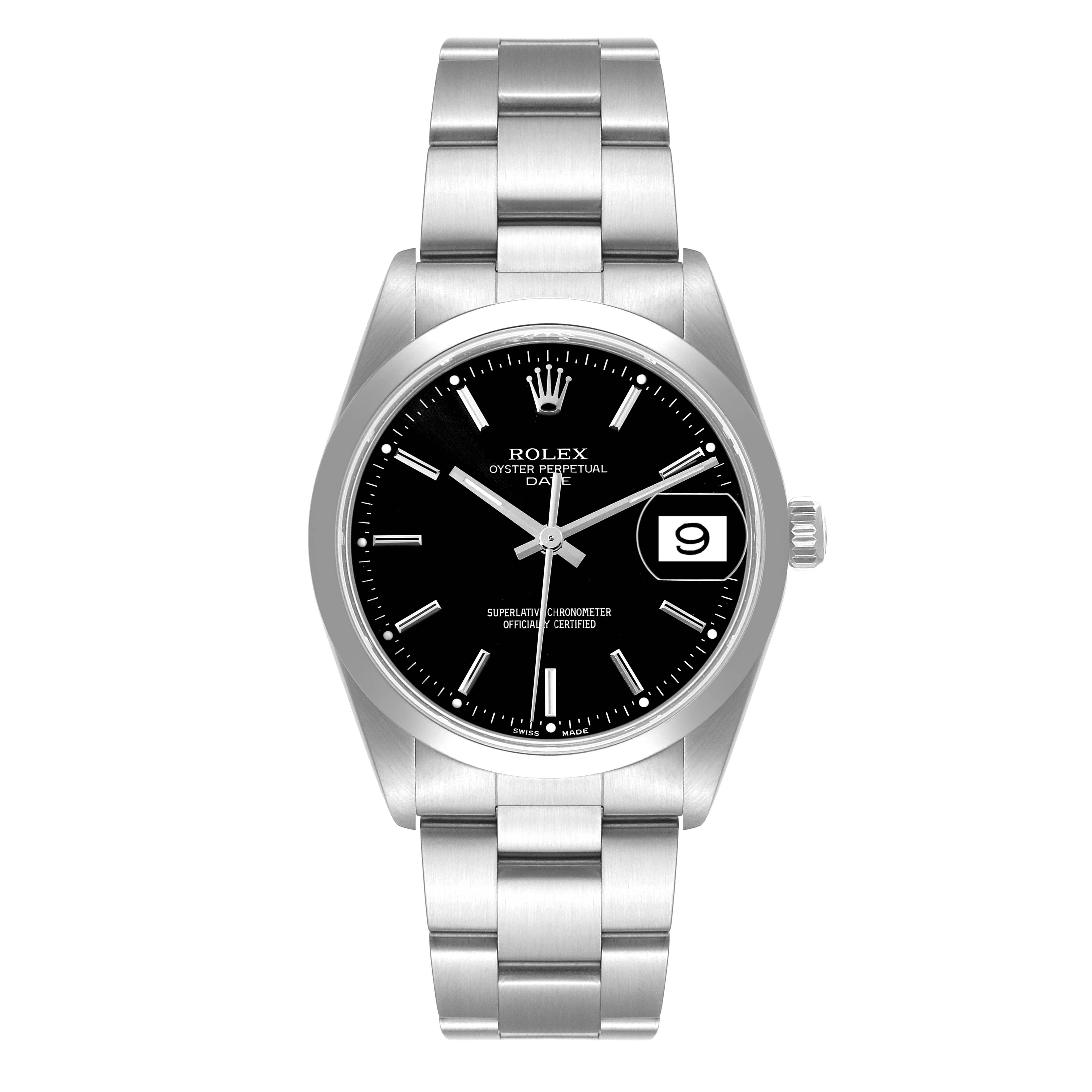 This image shows a Rolex Date 15200 Men's Stainless Steel Black Dial 15200 Men's Stainless Steel Black Dial model watch, featuring its face, bezel, case, bracelet, and crown from a straight-on angle.