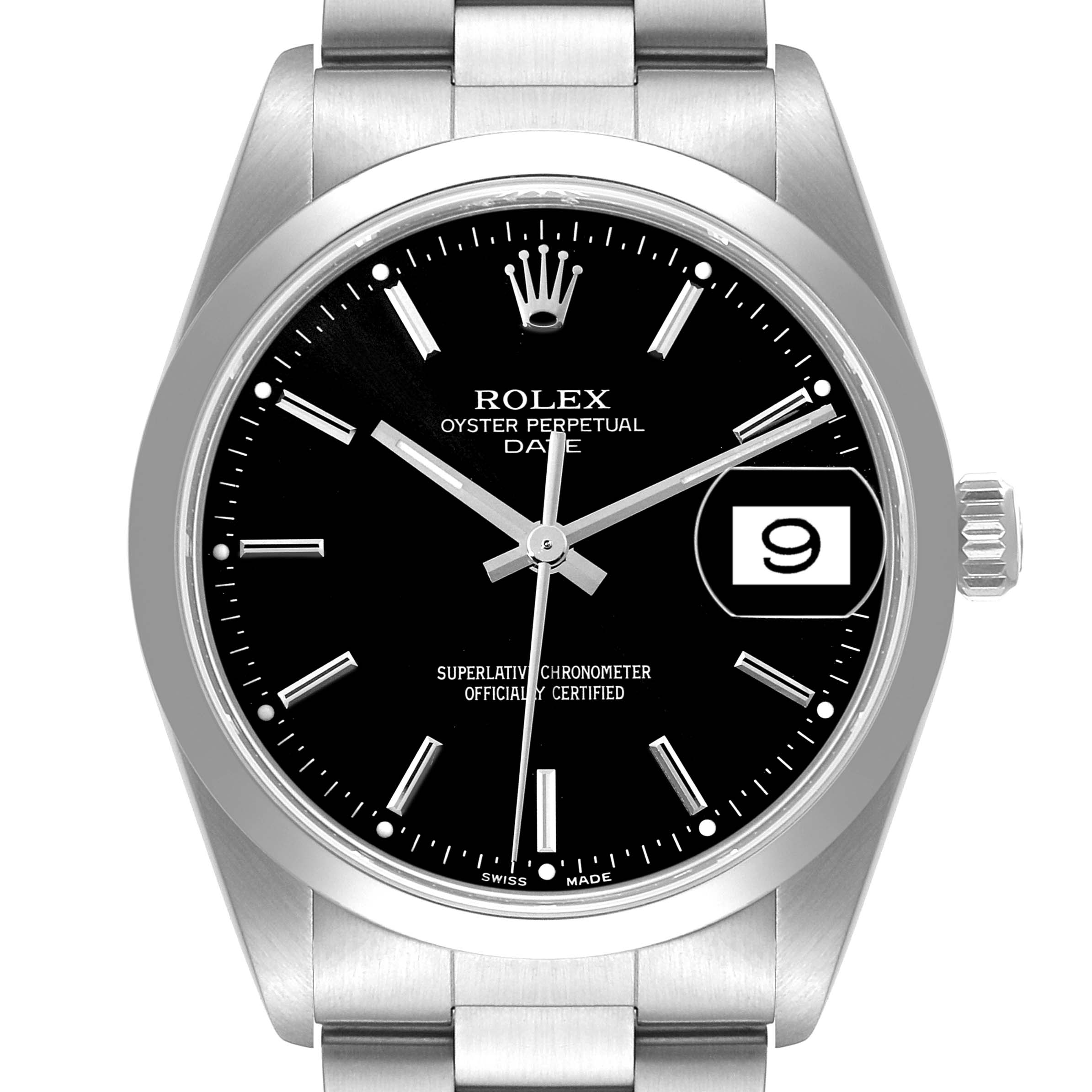 The image shows a front view of a Rolex Date 15200 Men's Stainless Steel Black Dial 15200 Men's Stainless Steel Black Dial model watch, featuring a black dial, silver markers, and a date display.