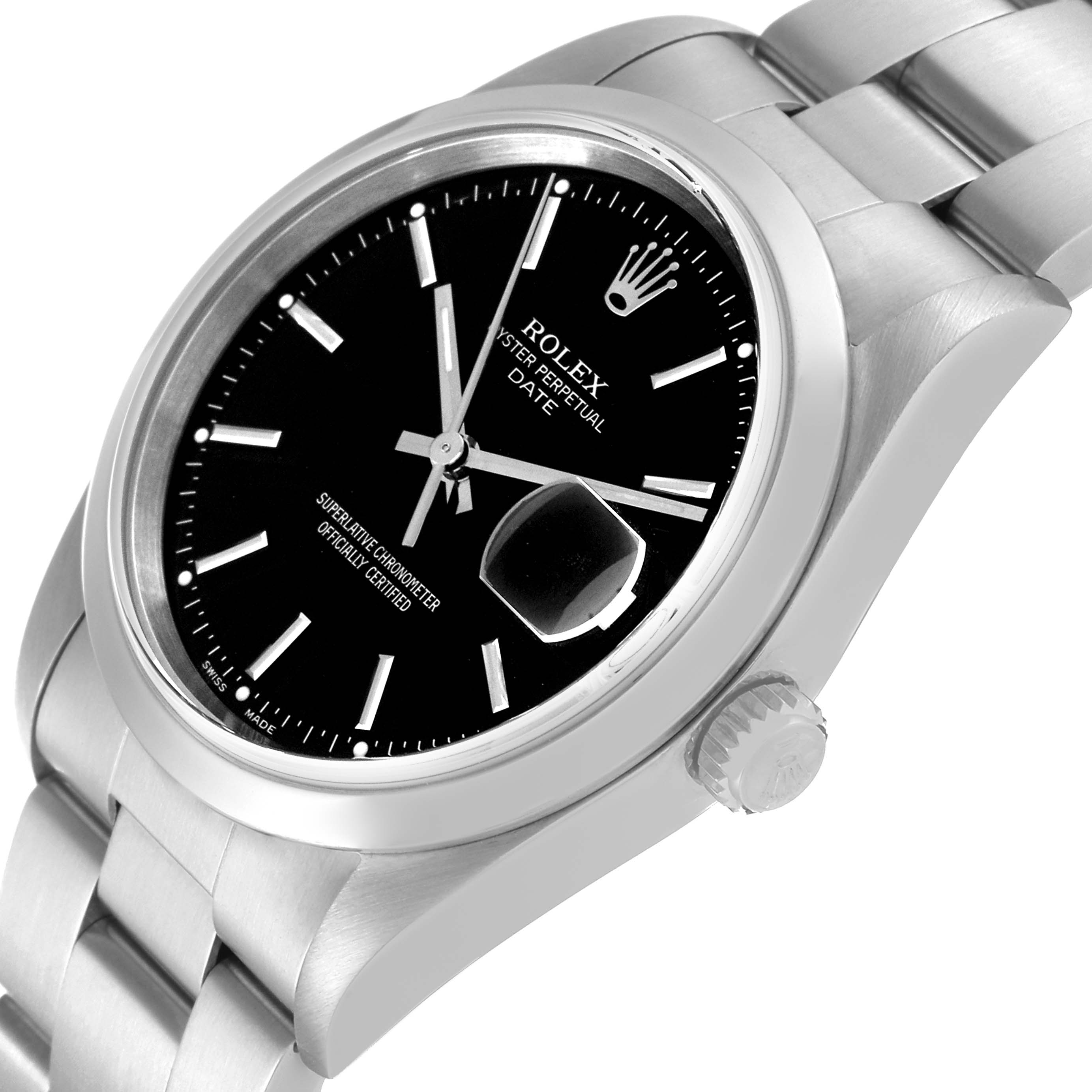 The Rolex Date 15200 Men's Stainless Steel Black Dial 15200 Men's Stainless Steel Black Dial model watch is shown at an angled top view, displaying the dial, crown, and part of the bracelet.