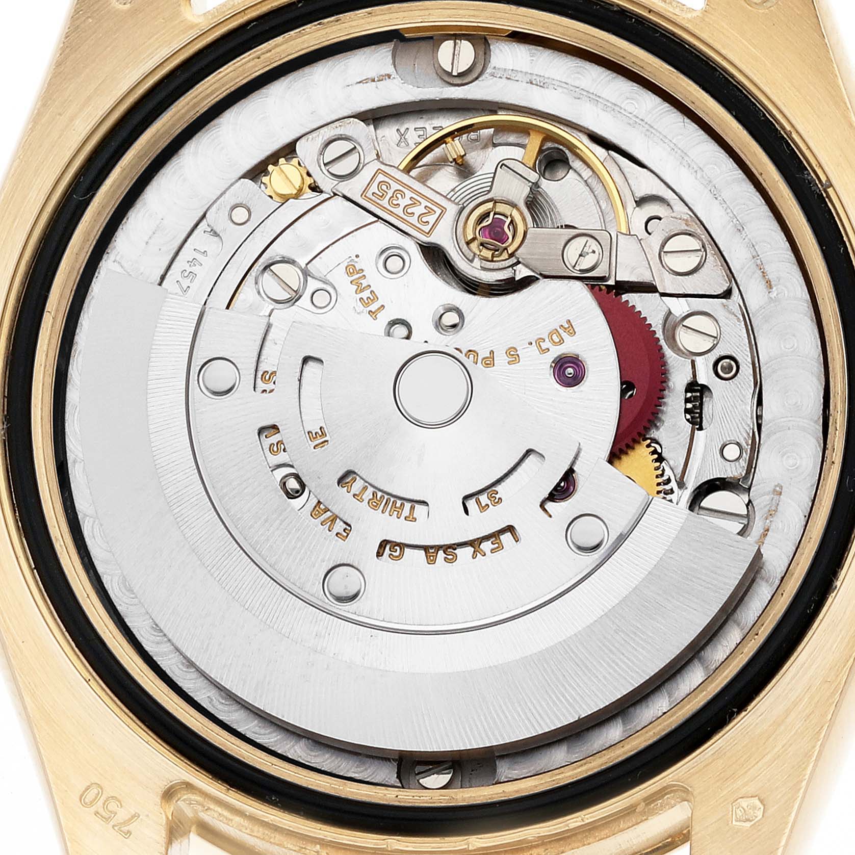 The image shows the inner mechanical movement of a Rolex President 178278 Women's Yellow Gold Black Dial 178278 Women's Yellow Gold Black Dial model watch, viewed from the back.