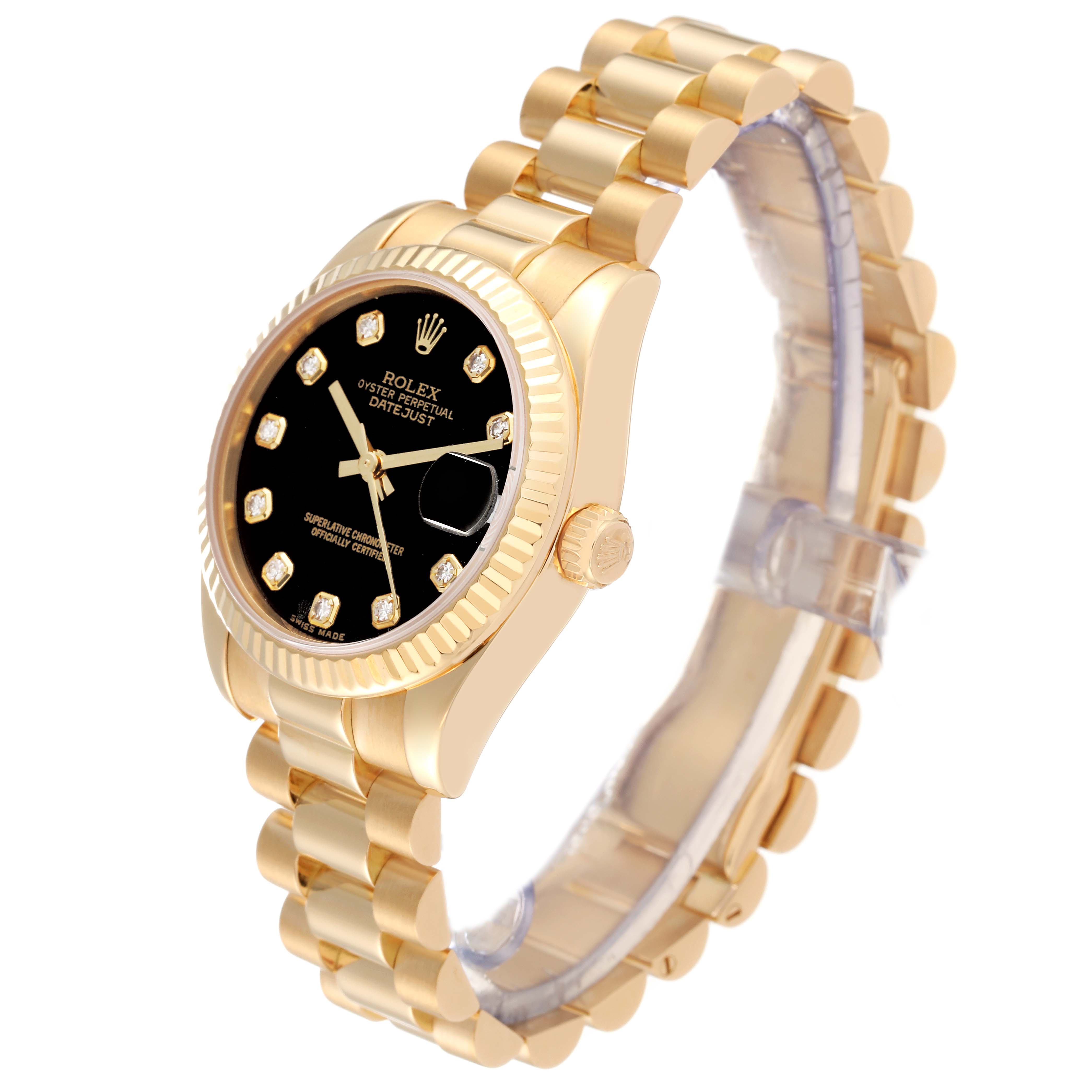 This image shows a side angle of a Rolex President 178278 Women's Yellow Gold Black Dial 178278 Women's Yellow Gold Black Dial model watch, highlighting its gold case, bracelet, and black dial with diamond markers.
