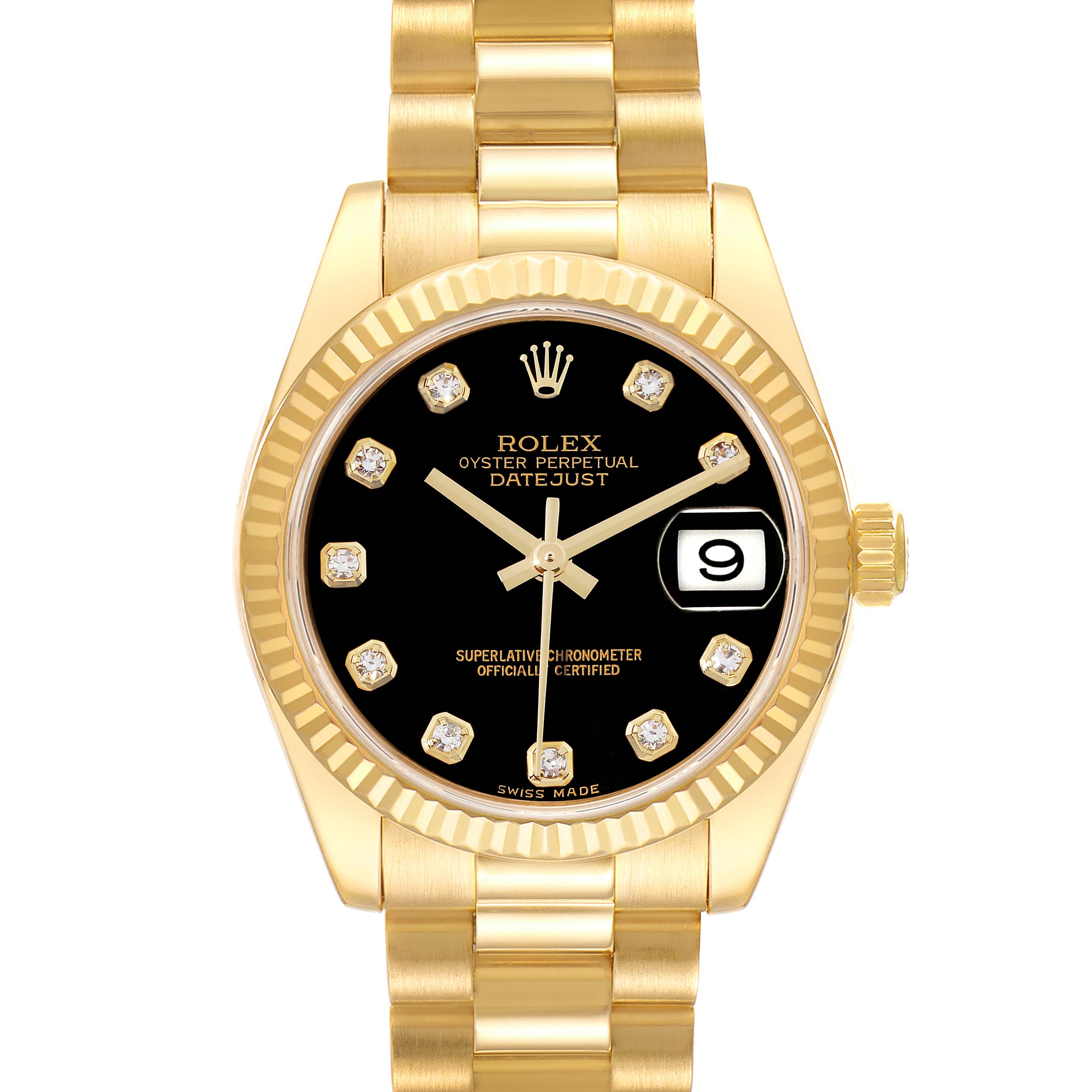This image features a frontal view of a Rolex President 178278 Women's Yellow Gold Black Dial 178278 Women's Yellow Gold Black Dial model watch showcasing the dial, bezel, crown, and bracelet.