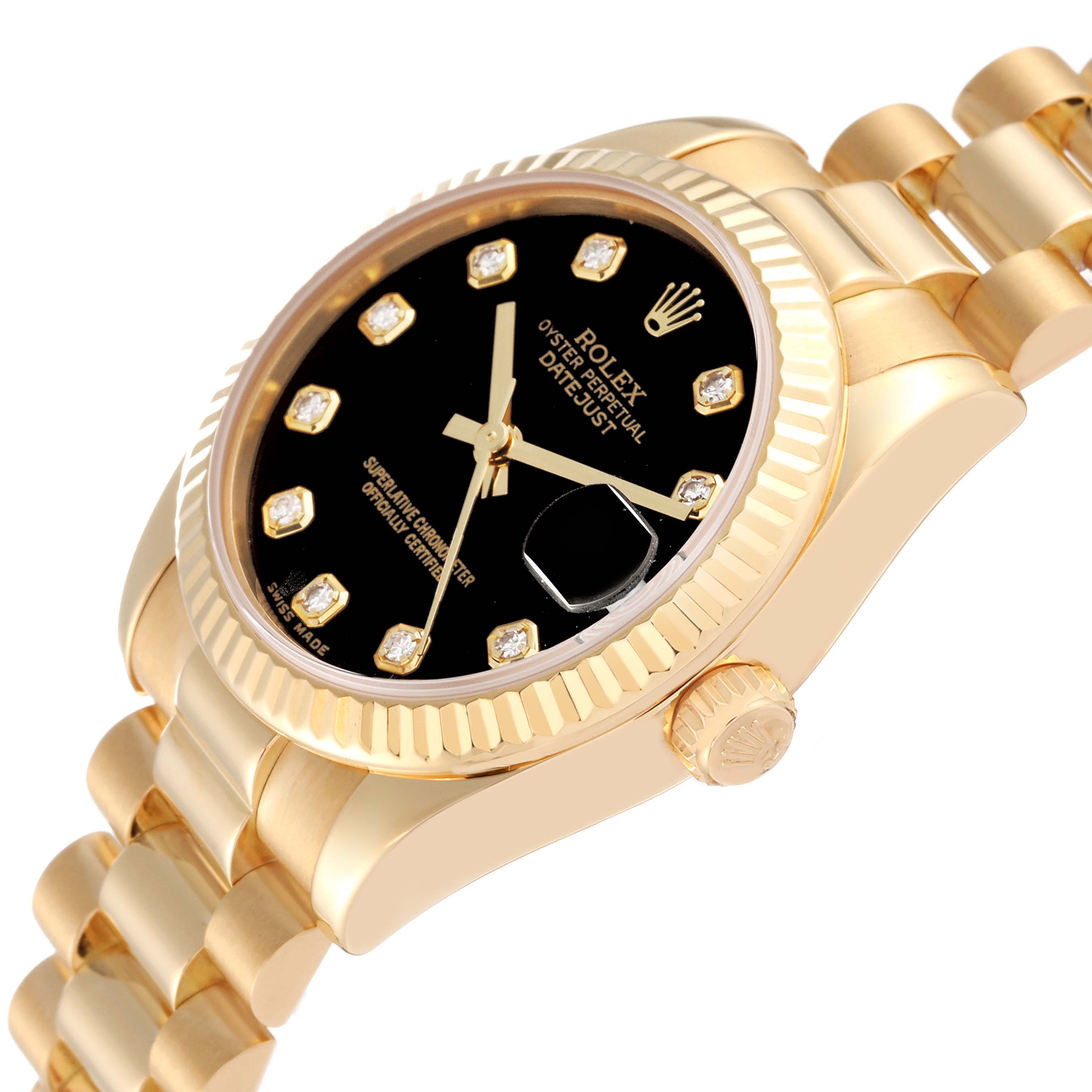 The image shows a Rolex President 178278 Women's Yellow Gold Black Dial 178278 Women's Yellow Gold Black Dial model watch at an angle displaying the dial, fluted bezel, bracelet, and crown.