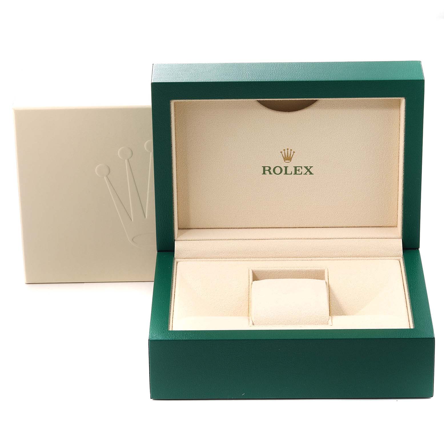This image shows the open box for a Rolex President 178278 Women's Yellow Gold Black Dial 178278 Women's Yellow Gold Black Dial model watch, featuring green and beige interior with the Rolex logo.