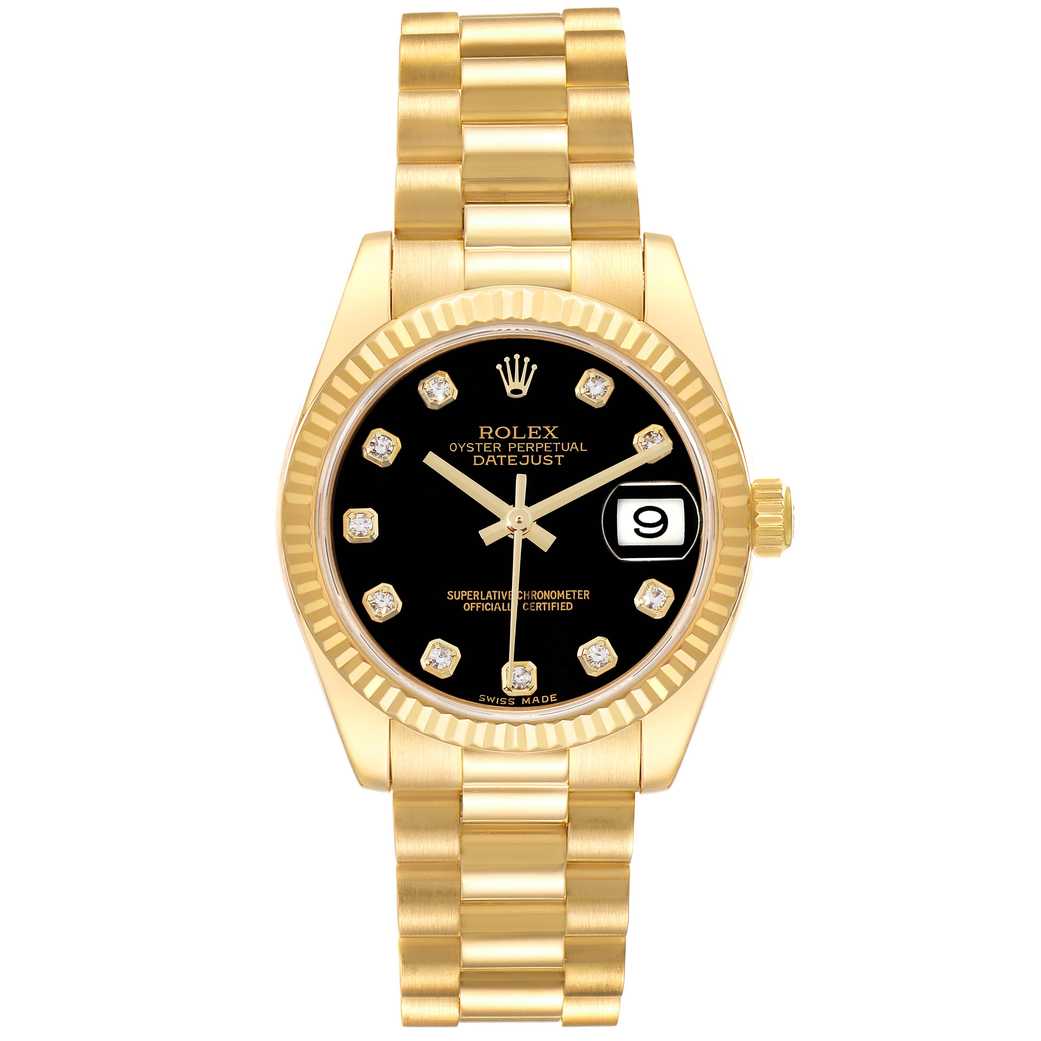 The Rolex President 178278 Women's Yellow Gold Black Dial 178278 Women's Yellow Gold Black Dial model watch is shown from the front, featuring a gold bracelet, black dial, date window, and diamond hour markers.