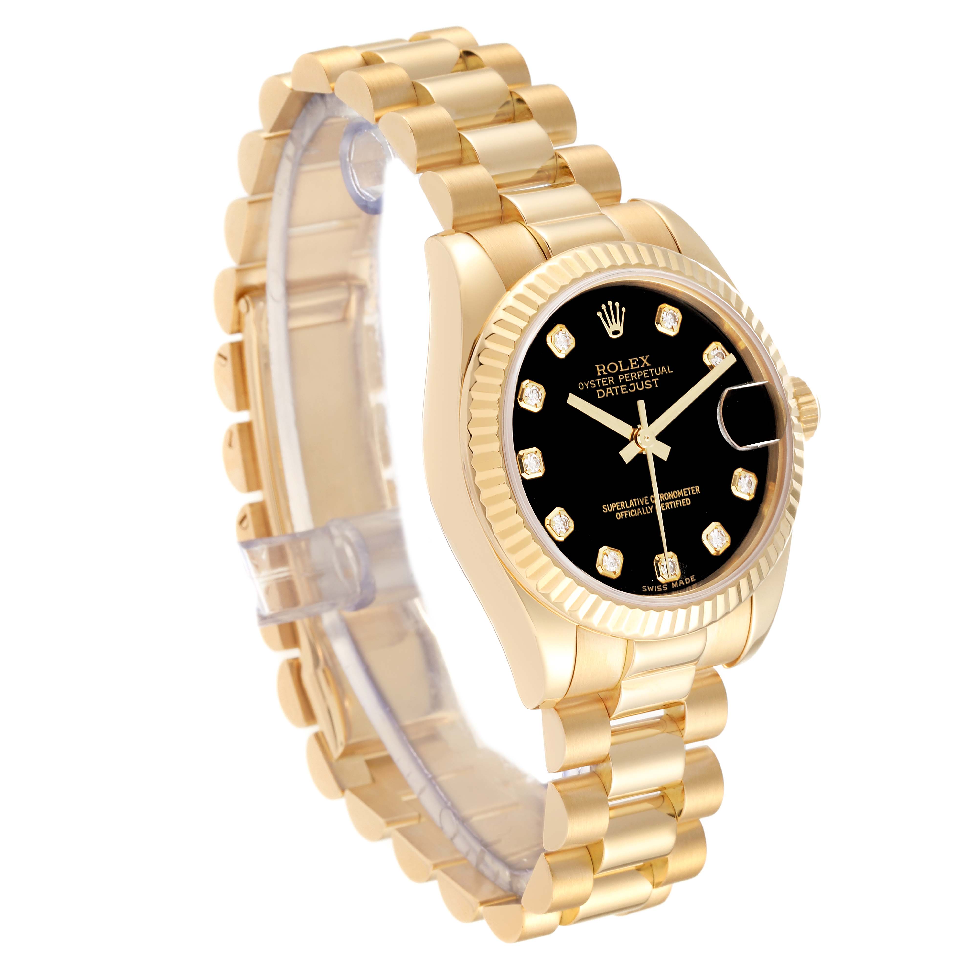 The image shows a side angle of the Rolex President 178278 Women's Yellow Gold Black Dial 178278 Women's Yellow Gold Black Dial model watch, highlighting the gold band, black dial, and bezel.
