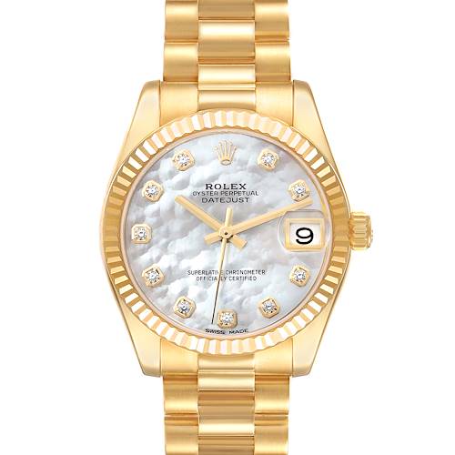 The image shows a front view of the Rolex President 178278 Women's Yellow Gold Mother of Pearl Dial 178278 Women's Yellow Gold Mother of Pearl Dial Oyster Perpetual Datejust watch, displaying the face, bezel, and bracelet.