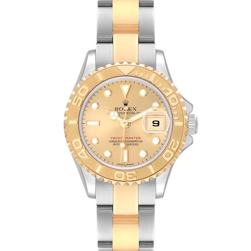 The image shows a front view of the Rolex Yacht-Master 169623 Women's Steel and Gold (two tone) Champagne Dial 169623 Women's Steel and Gold (two tone) Champagne Dial watch, highlighting its gold dial, bezel, and two-tone bracelet.