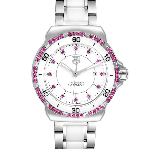 The image shows a front view of the Tag Heuer Formula 1 WAH1319.BA0868 Women's Stainless Steel White Dial WAH1319.BA0868 Women's Stainless Steel White Dial watch with a white dial and pink gemstone accents.