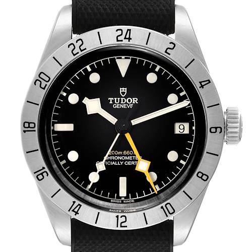 This image shows the front view of the Tudor Heritage Black Bay M79470 Men's Stainless Steel Black Dial M79470 Men's Stainless Steel Black Dial watch, highlighting its dial, bezel, and crown.