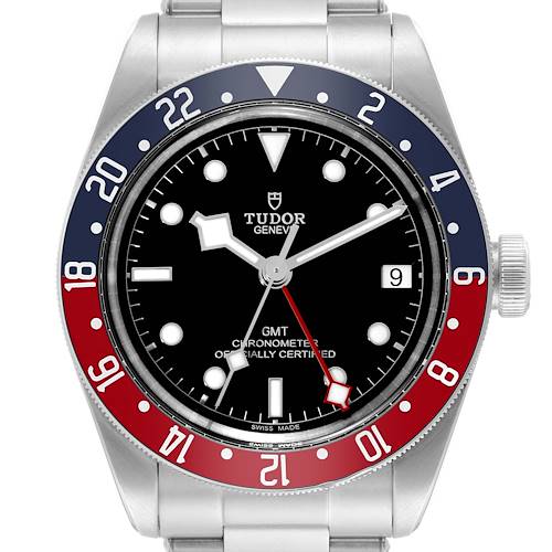 The image shows a front view of the Tudor Heritage Black Bay 79830RB Men's Stainless Steel Black Dial 79830RB Men's Stainless Steel Black Dial watch, highlighting its dial, bezel, and part of the bracelet.