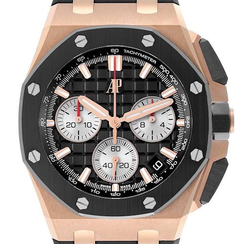 The Audemars Piguet Royal Oak Offshore 26420RO.OO.A002CA.01 Men's Rose Gold Black Dial 26420RO.OO.A002CA.01 Men's Rose Gold Black Dial watch is shown from a top view, highlighting its bezel, dial, subdials, and tachymeter scale.