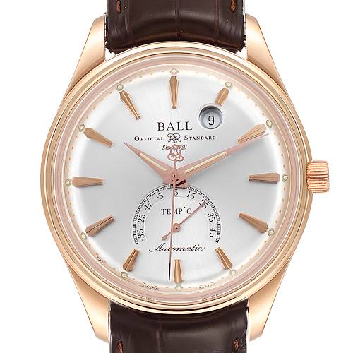 The image shows a front view of a Ball Trainmaster NT3888P Men's Rose Gold Silver Dial NT3888P Men's Rose Gold Silver Dial watch, displaying the dial, hands, date window, and strap.