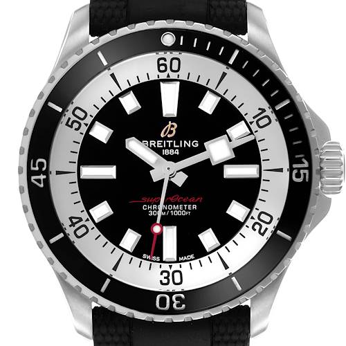 The Breitling Superocean A17375 Men's Stainless Steel Black Dial A17375 Men's Stainless Steel Black Dial watch is shown from a front angle, displaying the face, bezel, hands, and crown.