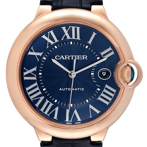 The image shows a close-up of the dial and bezel of the Cartier Ballon Bleu WGBB0036 Men's Rose Gold Blue Dial WGBB0036 Men's Rose Gold Blue Dial model watch.
