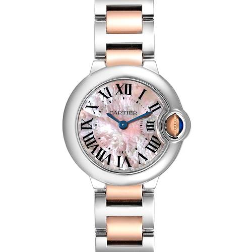 This is a front view of the Cartier Ballon Bleu W6920034 Women's Steel and Gold (two tone) Mother of Pearl Dial W6920034 Women's Steel and Gold (two tone) Mother of Pearl Dial watch showing the face with Roman numerals and part of the two-tone metal bracelet.