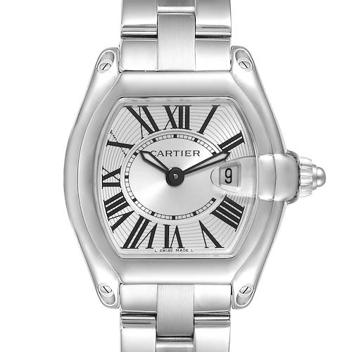 The image shows a front view of the Cartier Roadster W62016V3 Women's Stainless Steel Silver Dial W62016V3 Women's Stainless Steel Silver Dial watch, highlighting its dial, hands, crown, and part of the bracelet.