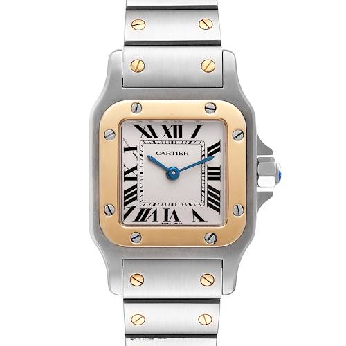 The image shows a front view of a Cartier Santos W20012C4 Women's Steel and Gold (two tone) Silver Dial W20012C4 Women's Steel and Gold (two tone) Silver Dial watch, highlighting its face, bezel, and part of the bracelet.