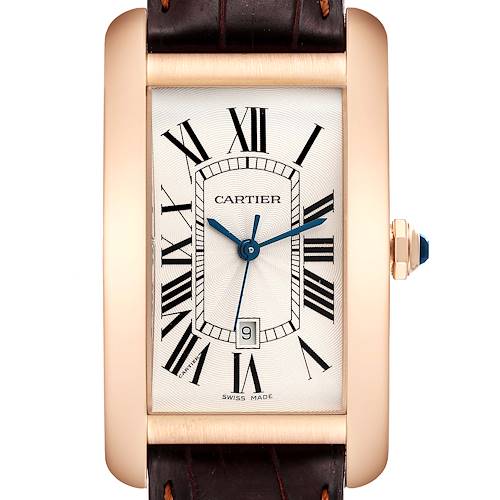 This is a close-up, front view of the Cartier Tank Americaine W2609156 Men's Rose Gold Silver Dial W2609156 Men's Rose Gold Silver Dial watch, showcasing its dial and part of the leather strap.