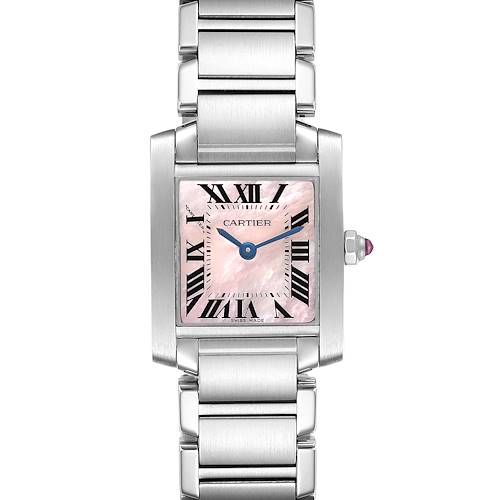 The image shows a front view of the Cartier Tank Francaise W51028Q3 Women's Stainless Steel Mother of Pearl Dial W51028Q3 Women's Stainless Steel Mother of Pearl Dial watch featuring a pink dial and a stainless steel bracelet.