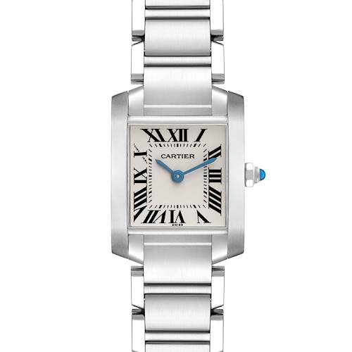 The Cartier Tank Française watch is shown from a front angle, displaying the dial and silver bracelet.