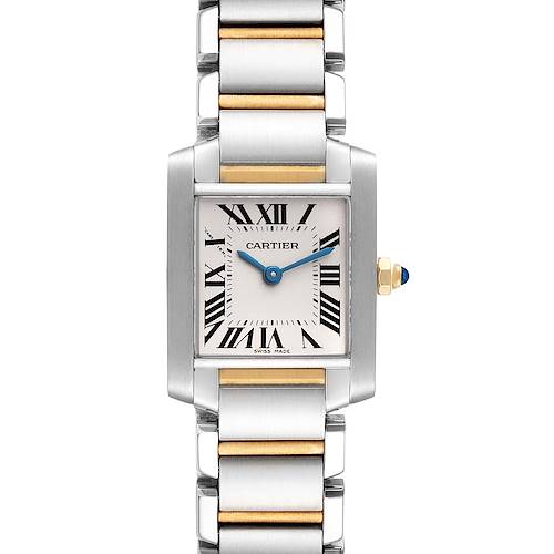 This image shows a front view of a Cartier Tank Francaise W51007Q4 Women's Steel and Gold (two tone) Silver Dial W51007Q4 Women's Steel and Gold (two tone) Silver Dial watch, including its bicolor stainless steel and gold bracelet and rectangular face.