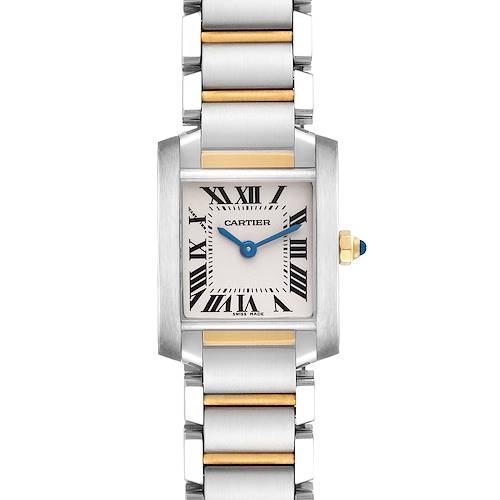 The Cartier Tank Française watch is shown from a straight-on angle, featuring its rectangular face and metal bracelet.