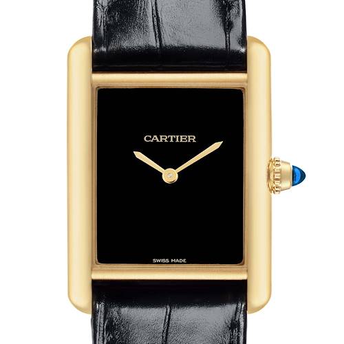 The Cartier Tank Louis WGTA0091 Men's Yellow Gold Black Dial WGTA0091 Men's Yellow Gold Black Dial watch is shown from a frontal angle, highlighting its rectangular face, gold casing, and black leather strap.
