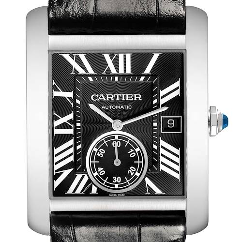 The Cartier Tank MC W5330004 Men's Stainless Steel Black Dial W5330004 Men's Stainless Steel Black Dial is shown from a front view, highlighting its black dial, Roman numerals, sub-dial, and date window.