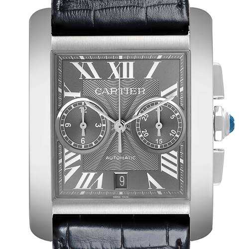 The Cartier Tank MC W5330008 Men's Stainless Steel Grey Dial W5330008 Men's Stainless Steel Grey Dial watch is shown from the front, displaying its face, Roman numerals, sub-dials, and leather strap.