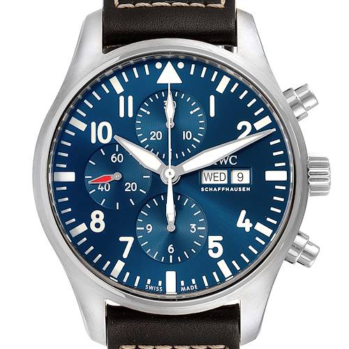 The image shows the front of an IWC Pilot IW377714 Men's Stainless Steel Blue Dial IW377714 Men's Stainless Steel Blue Dial watch with a blue dial, chronograph subdials, and date windows.