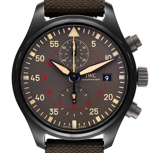 This image shows the front view of the IWC Pilot IW389002 Men's Ceramic Black Dial IW389002 Men's Ceramic Black Dial model watch, highlighting its dial, hands, and chronograph subdials.